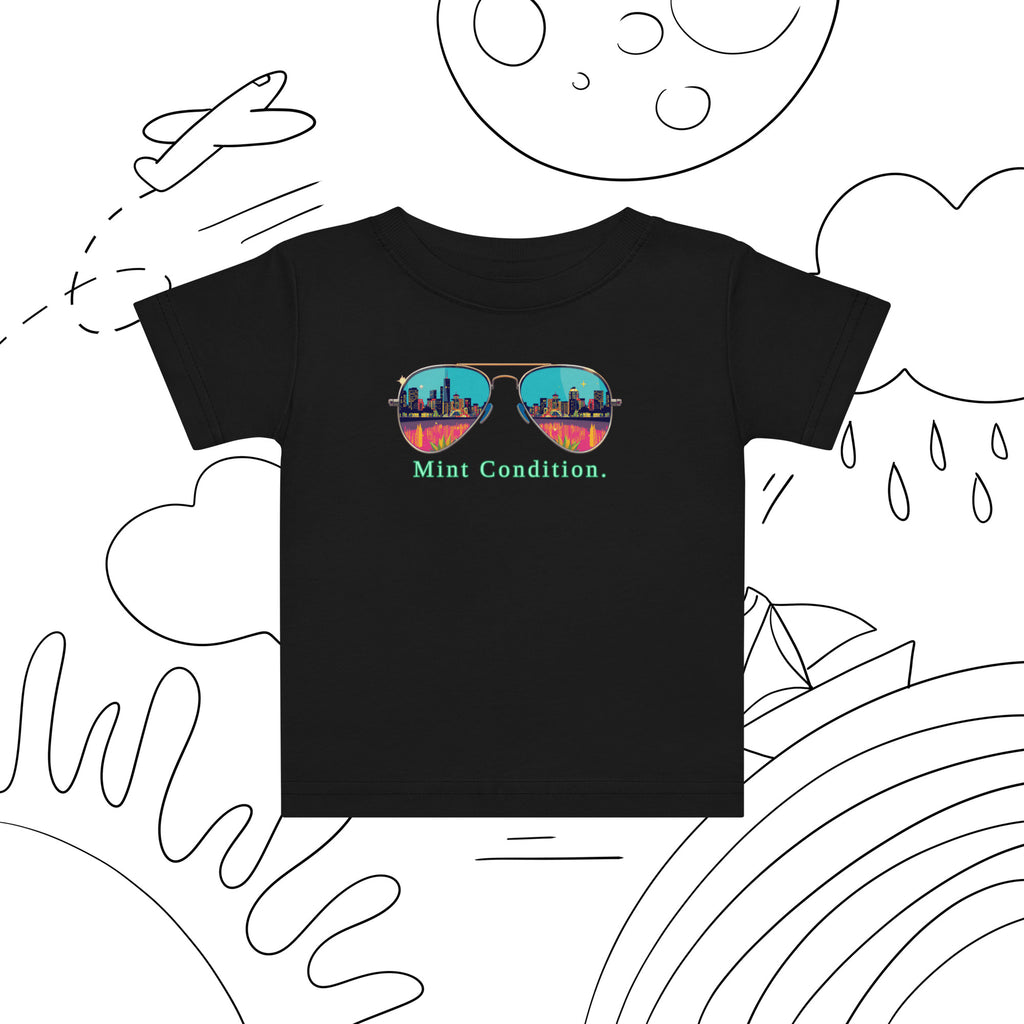 Little Bleats Baby Jersey T-Shirt in Black — Mint Condition Sunglasses design, sizes 6M–24M