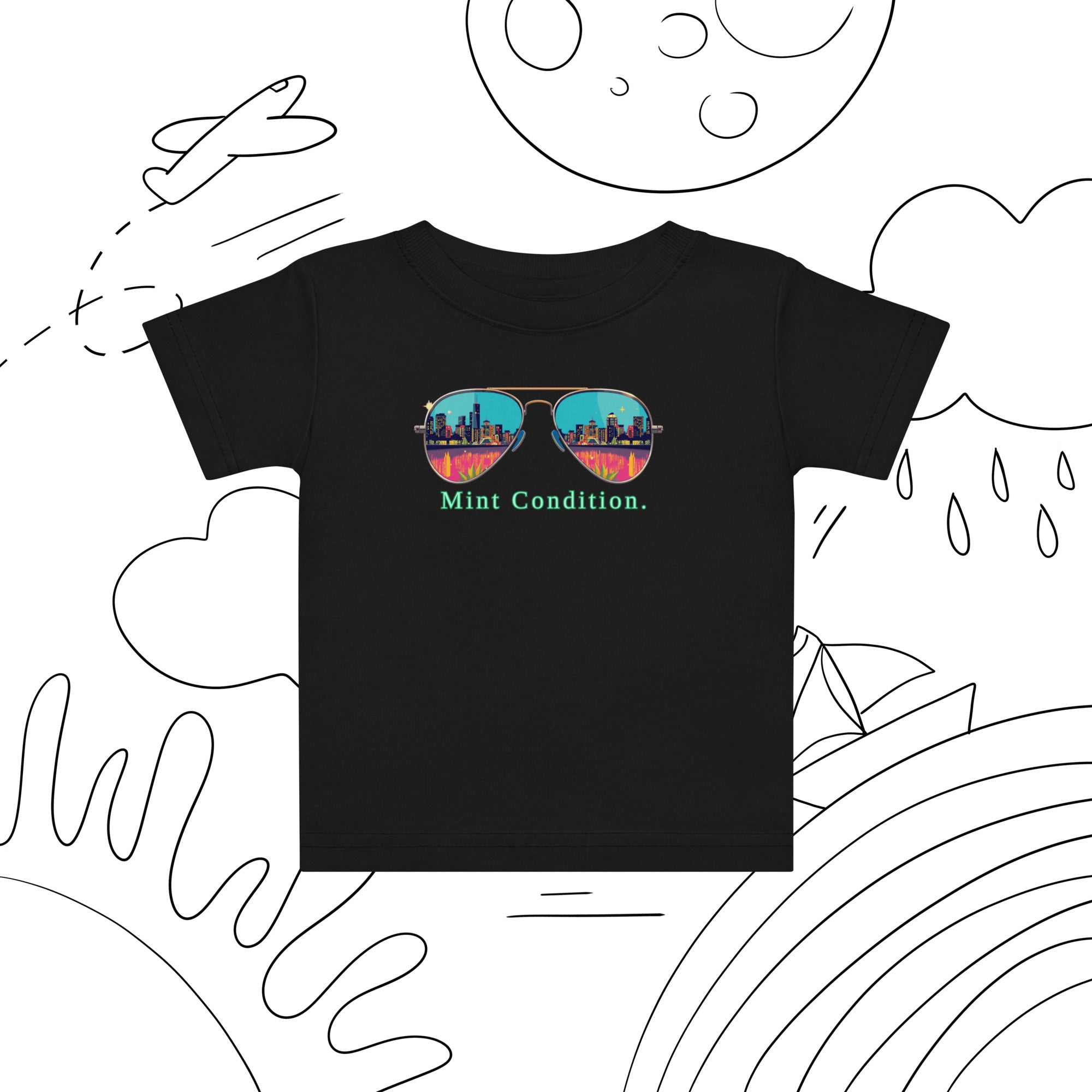 Little Bleats Baby Jersey T-Shirt in Black — Mint Condition Sunglasses design, sizes 6M–24M