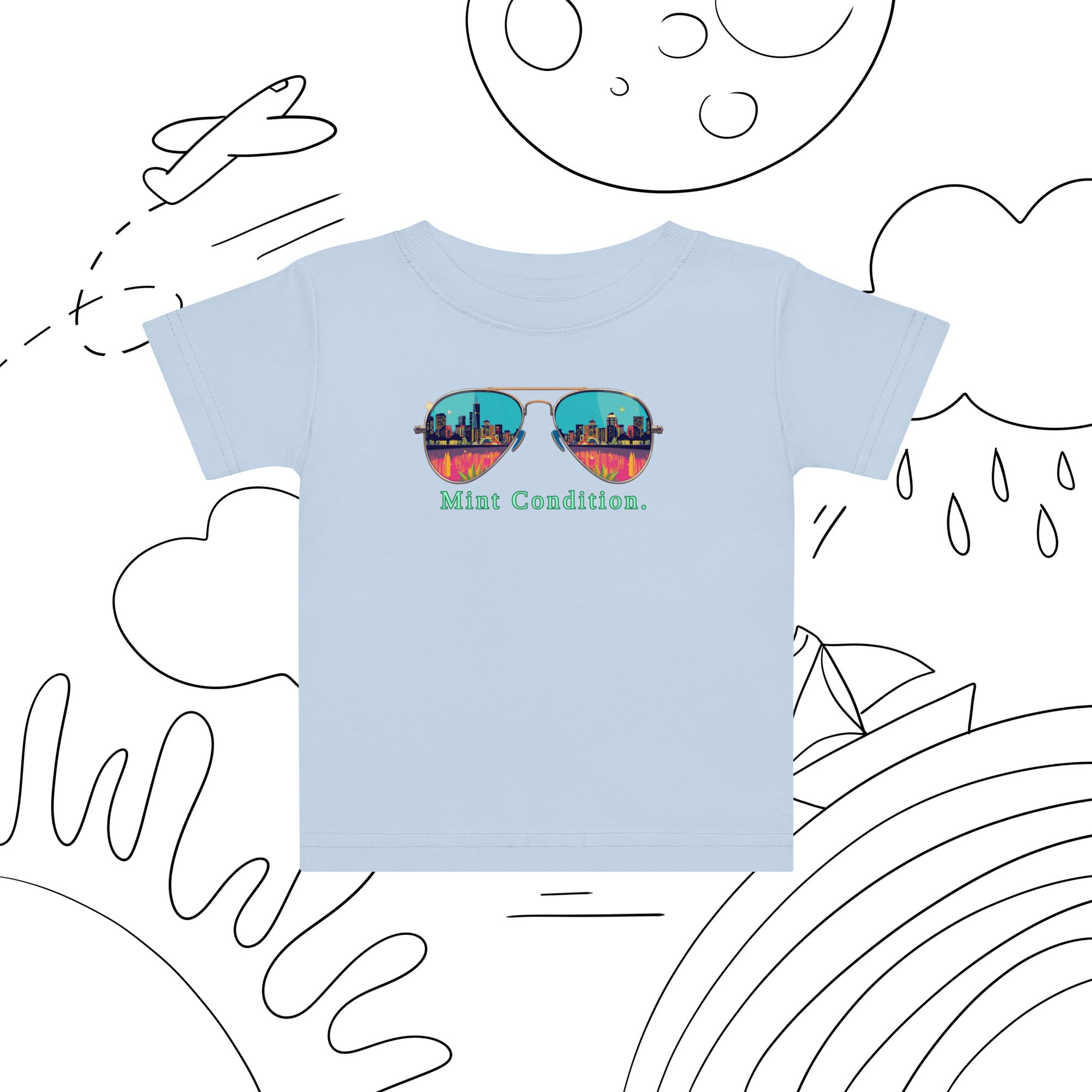 Little Bleats Baby Jersey T-Shirt in Light Blue — Mint Condition Sunglasses design, sizes 6M–24M