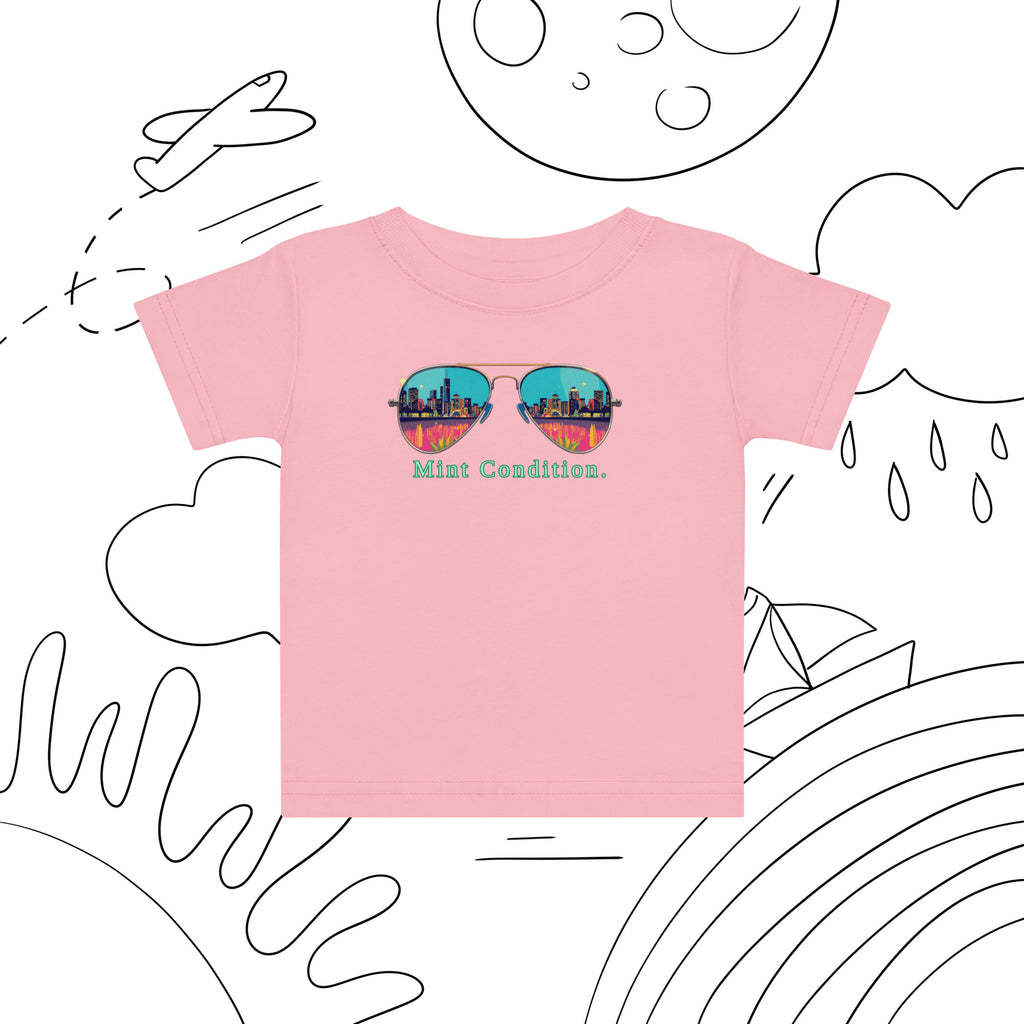 Little Bleats Baby Jersey T-Shirt in Pink — Mint Condition Sunglasses design, sizes 6M–24M
