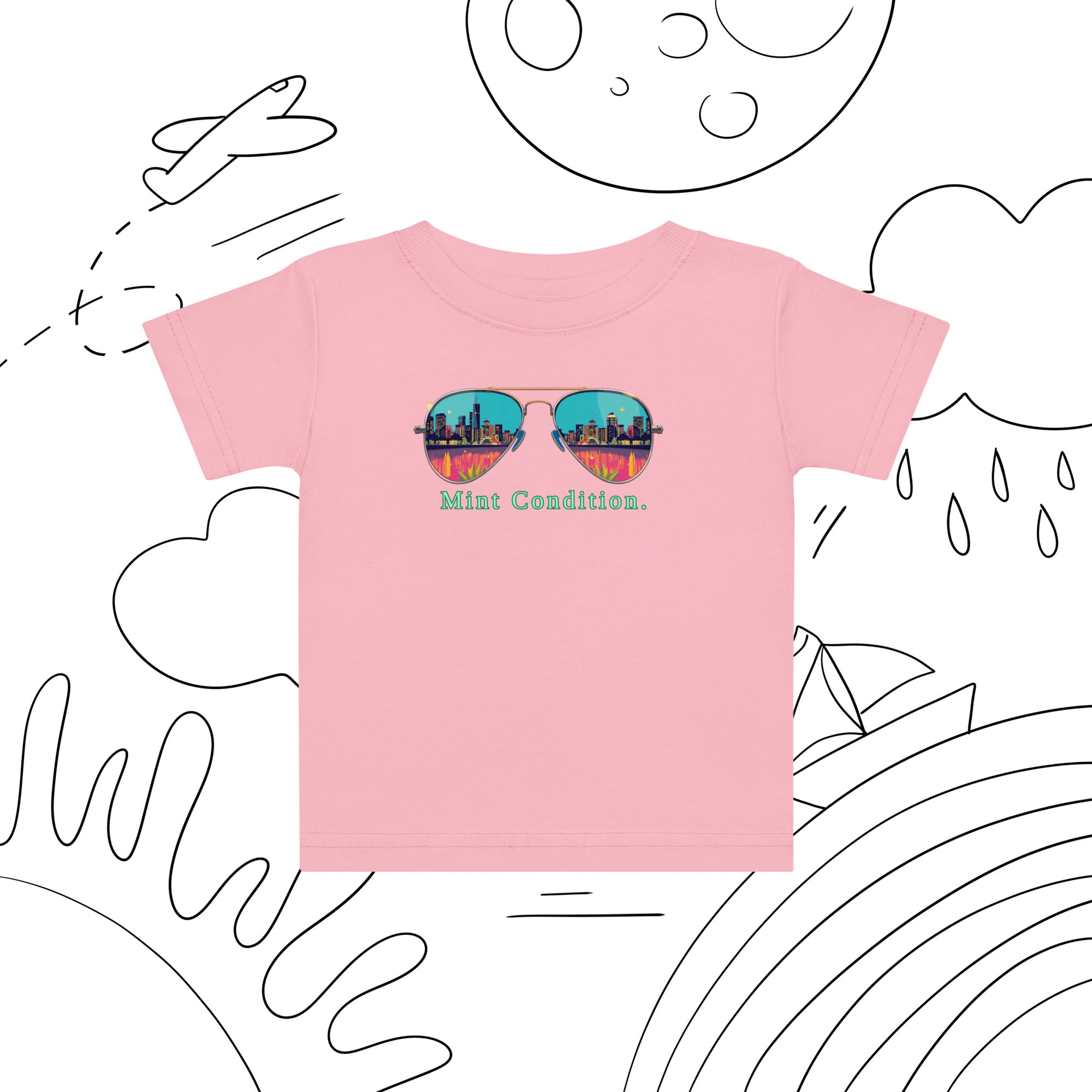 Little Bleats Baby Jersey T-Shirt in Pink — Mint Condition Sunglasses design, sizes 6M–24M
