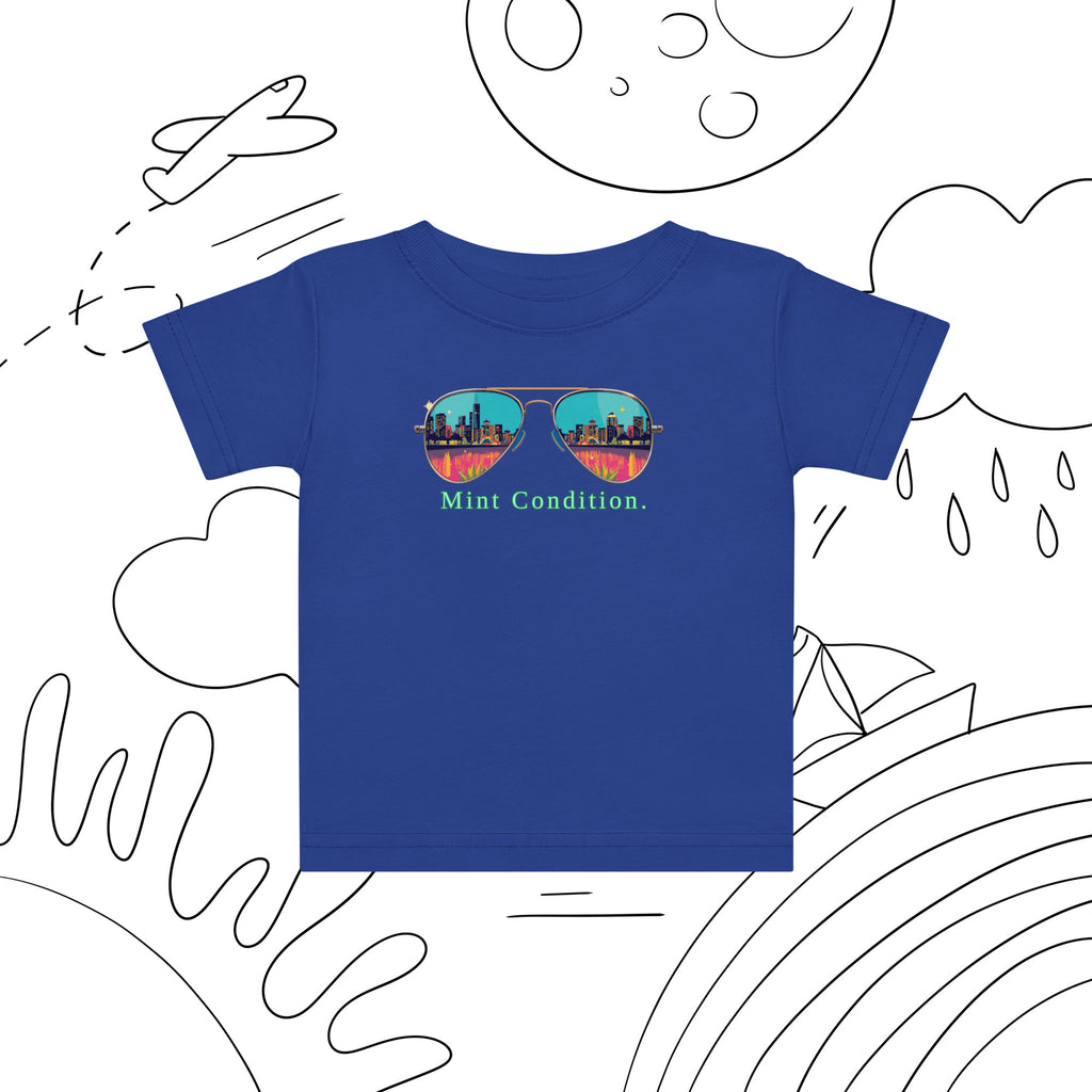 Little Bleats Baby Jersey T-Shirt in Royal Blue — Mint Condition Sunglasses design, sizes 6M–24M