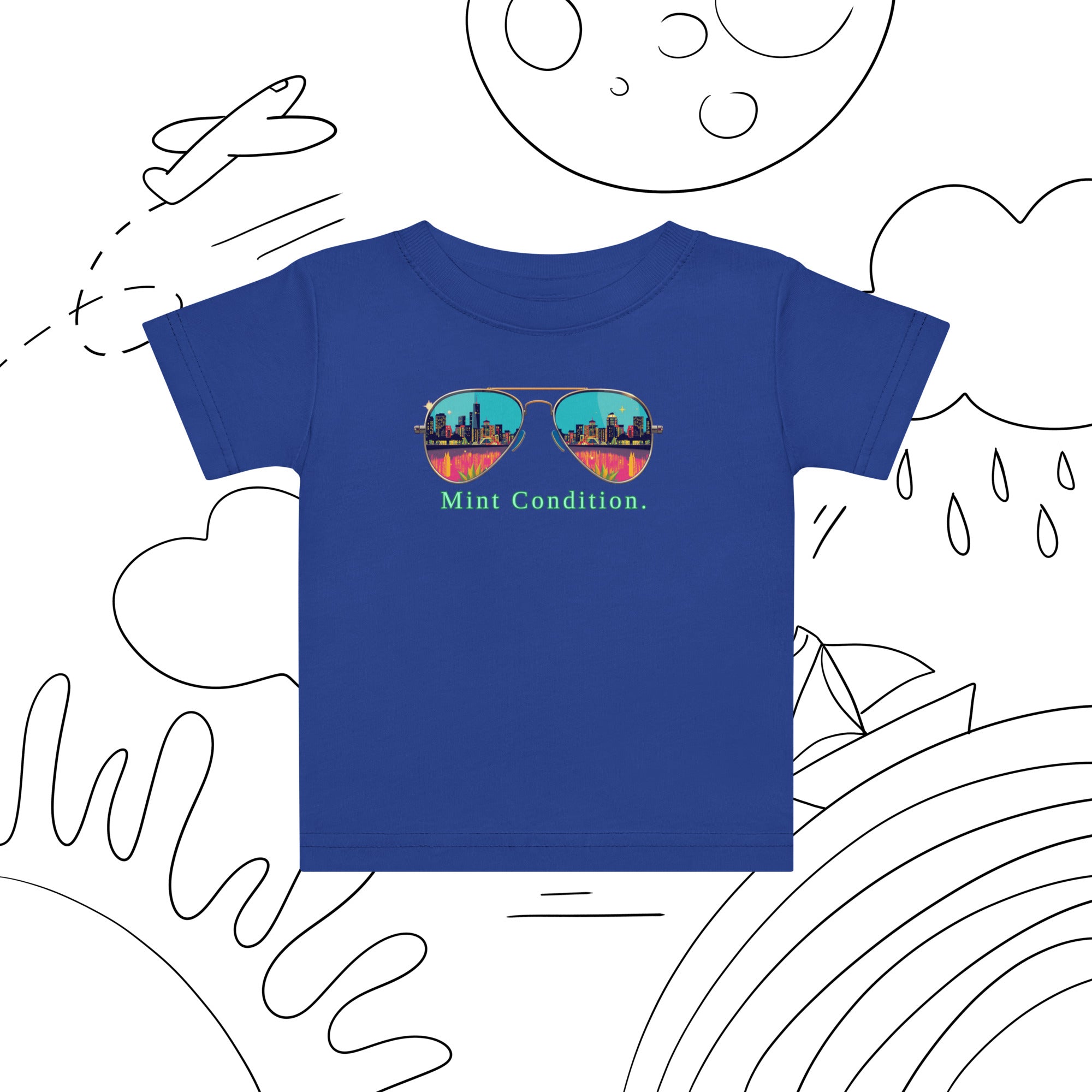 Little Bleats Baby Jersey T-Shirt in Royal Blue — Mint Condition Sunglasses design, sizes 6M–24M