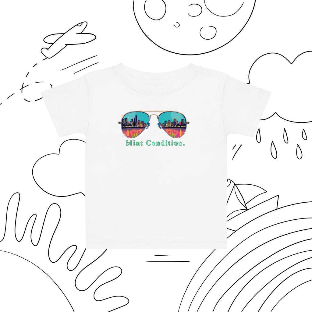 Little Bleats Baby Jersey T-Shirt in White — Mint Condition Sunglasses design, sizes 6M–24M