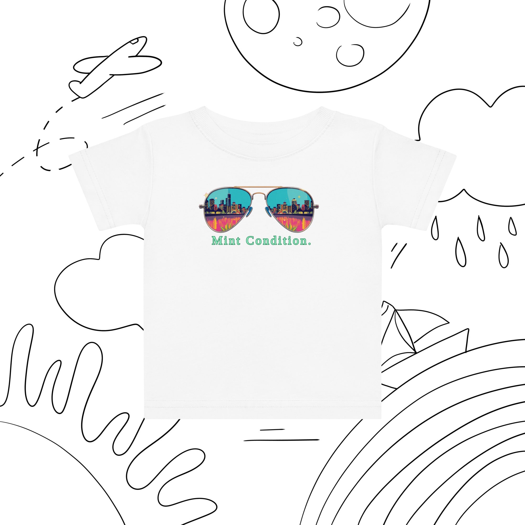 Little Bleats Baby Jersey T-Shirt in White — Mint Condition Sunglasses design, sizes 6M–24M