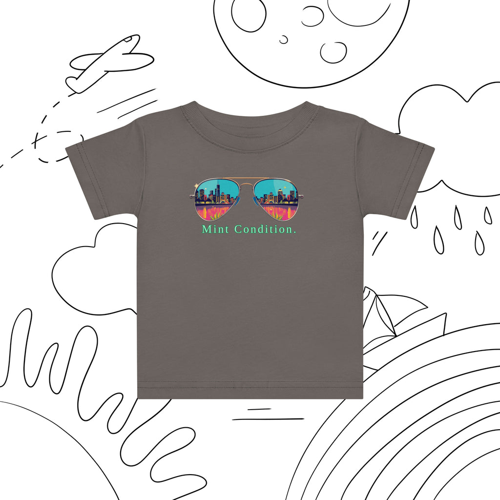 Little Bleats Baby Jersey T-Shirt in Charcoal — Mint Condition Sunglasses design, sizes 6M–24M