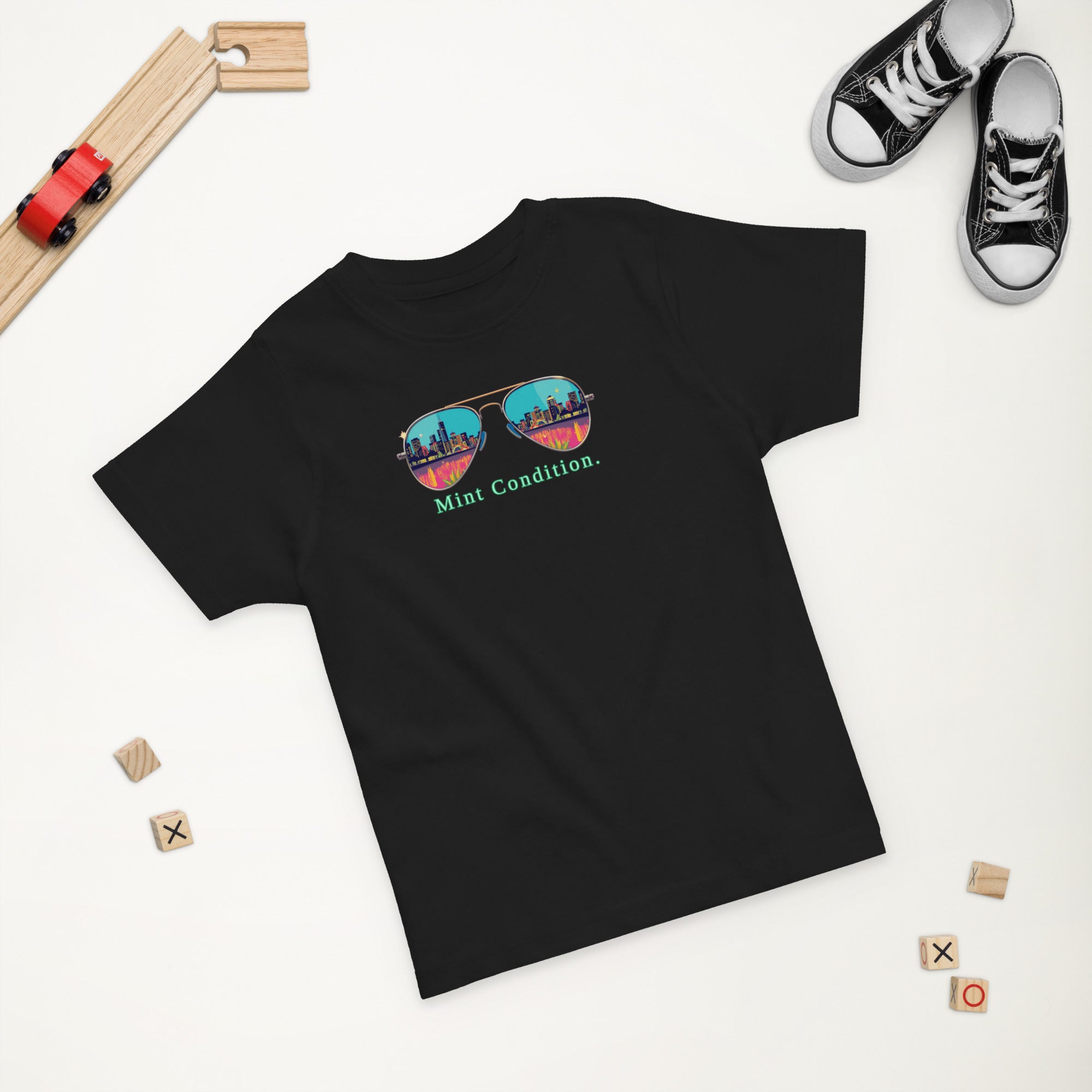 Little Bleats Toddler Jersey T-Shirt in Black — Mint Condition Sunglasses design, sizes 2T–5/6T