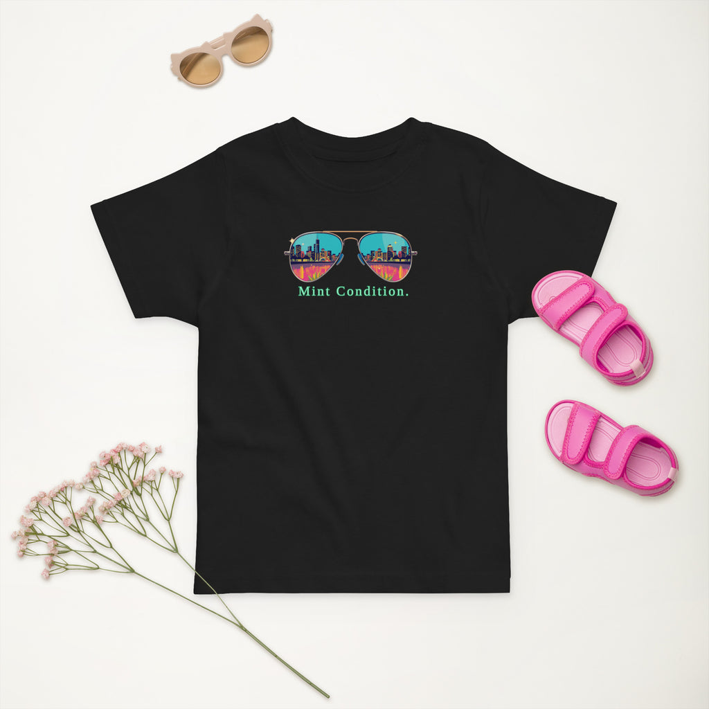 Little Bleats Toddler Jersey T-Shirt in Black — Mint Condition Sunglasses design, sizes 2T–5/6T