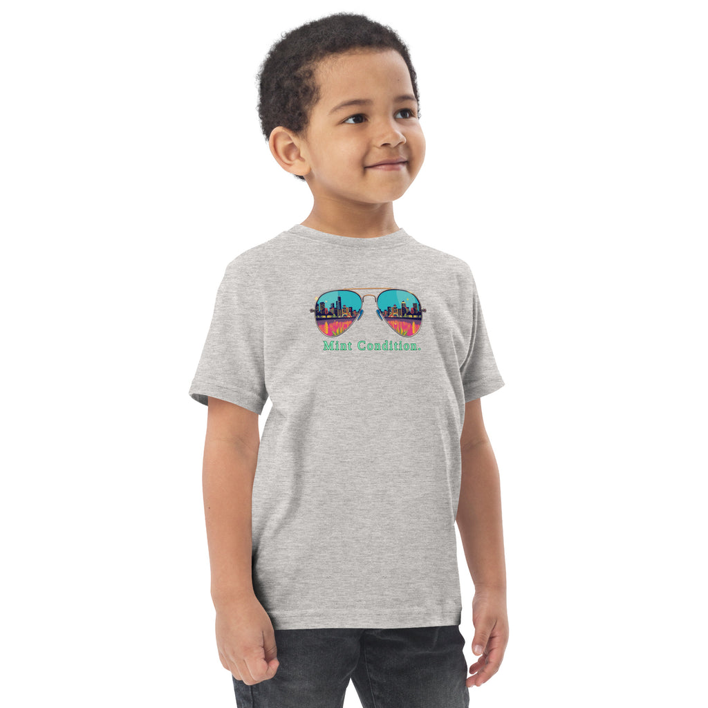 Little Bleats Toddler Jersey T-Shirt in Heather — Mint Condition Sunglasses design, sizes 2T–5/6T