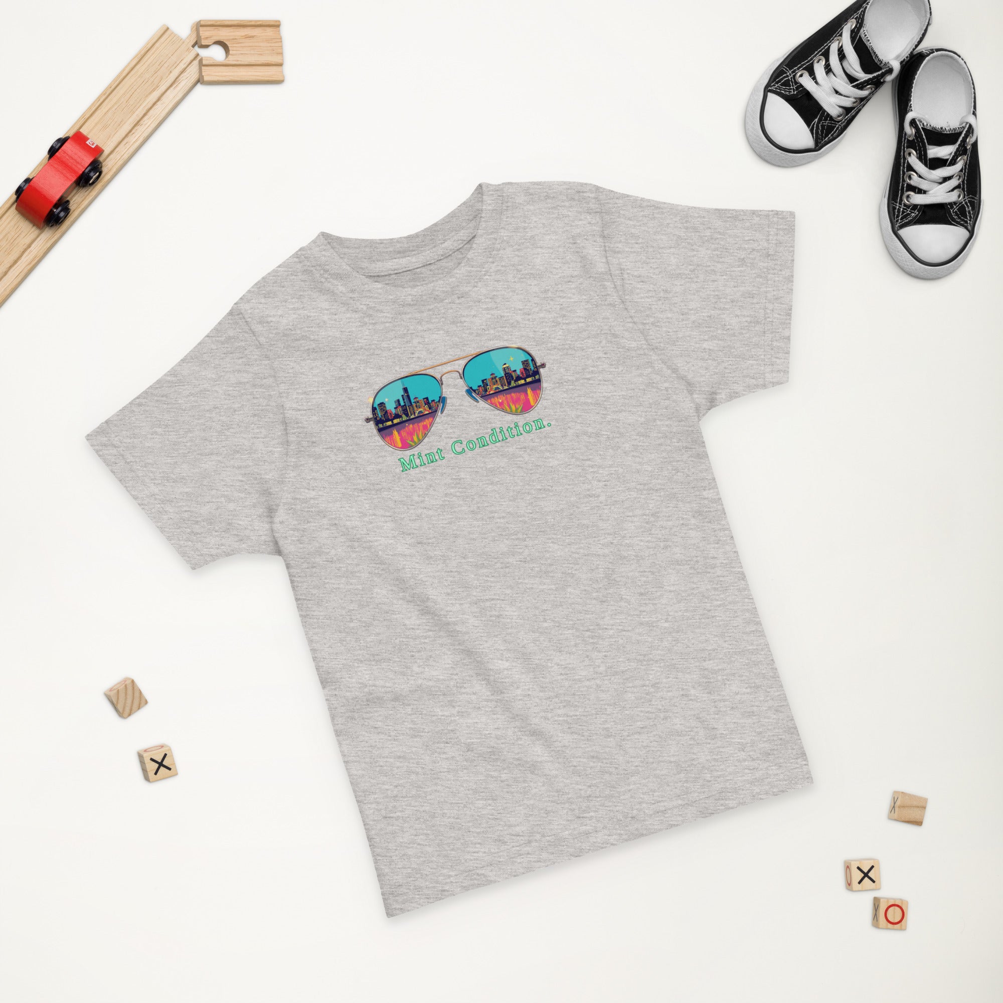 Little Bleats Toddler Jersey T-Shirt in Heather — Mint Condition Sunglasses design, sizes 2T–5/6T