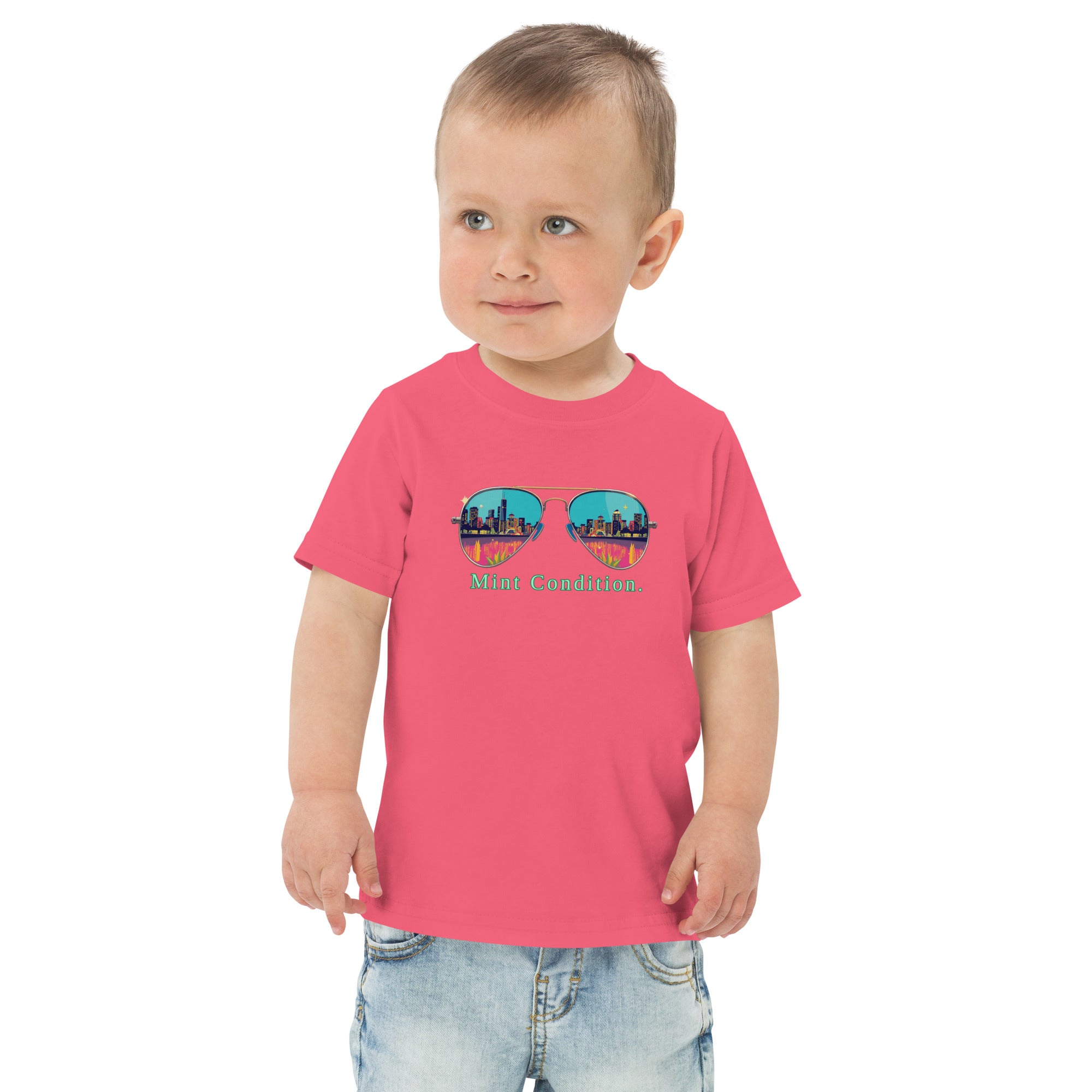 Little Bleats Toddler Jersey T-Shirt in Hot Pink — Mint Condition Sunglasses design, sizes 2T–5/6T