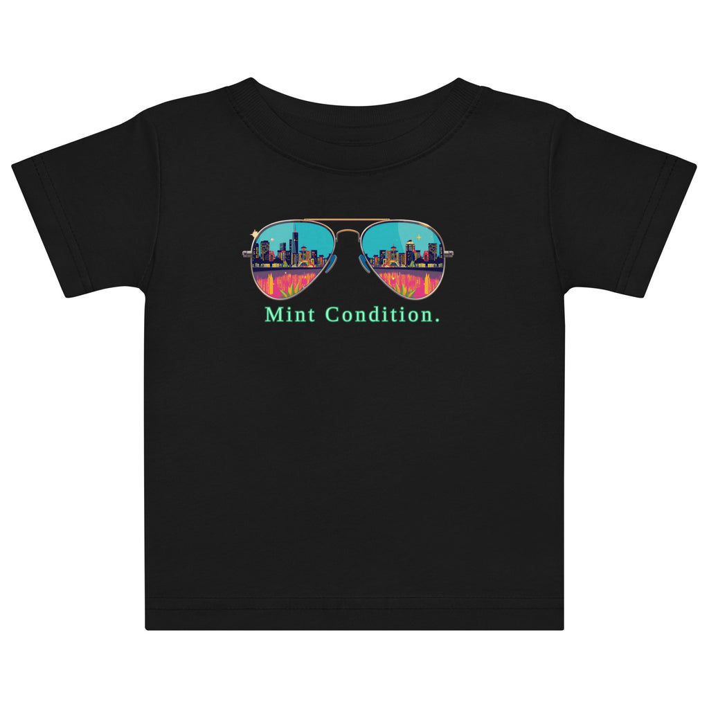 Little Bleats Baby Jersey T-Shirt in Black — Mint Condition Sunglasses design, sizes 6M–24M