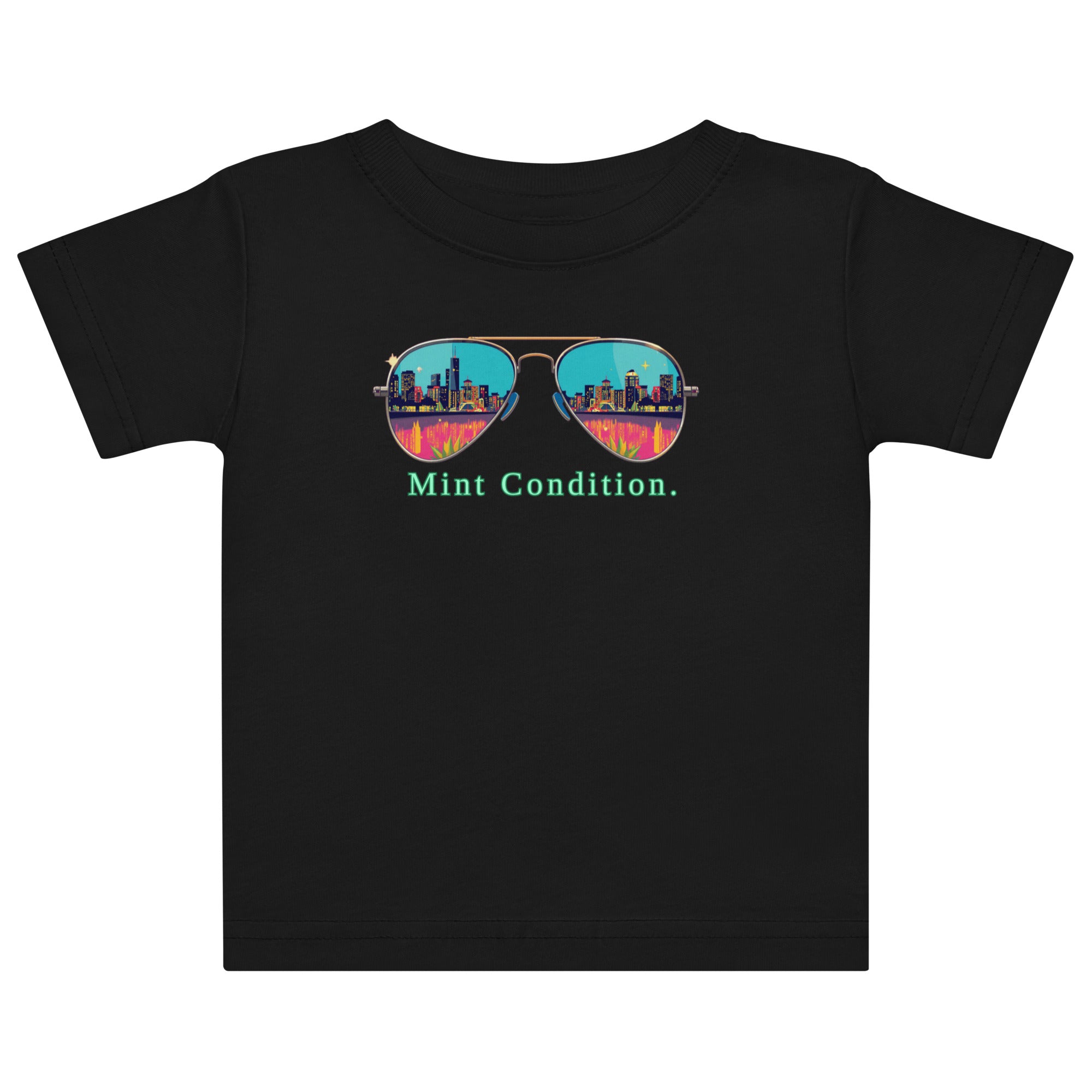 Little Bleats Baby Jersey T-Shirt in Black — Mint Condition Sunglasses design, sizes 6M–24M