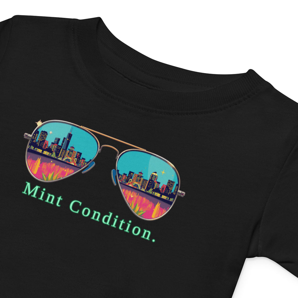 Little Bleats Baby Jersey T-Shirt in Black — Mint Condition Sunglasses design, sizes 6M–24M