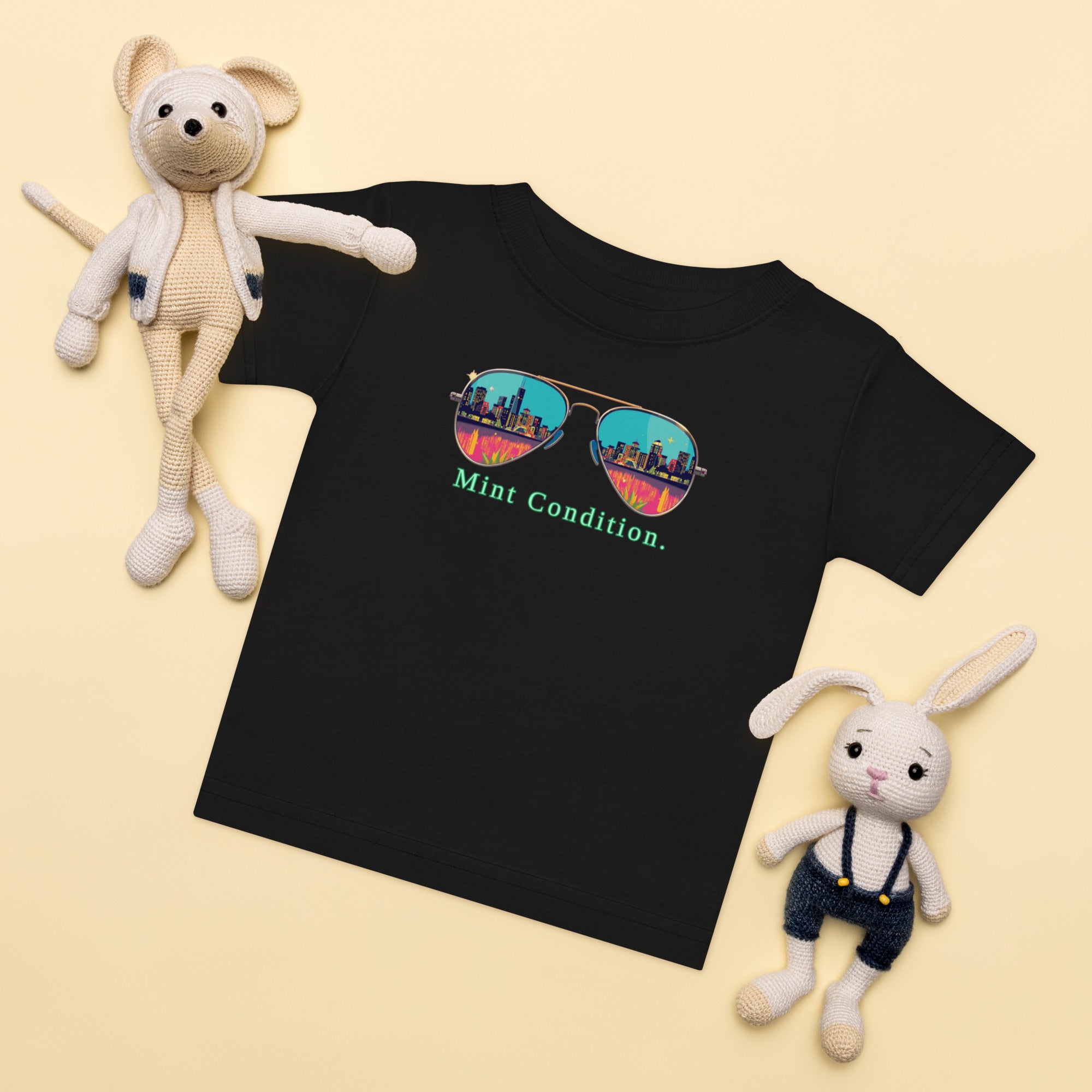 Little Bleats Baby Jersey T-Shirt in Black — Mint Condition Sunglasses design, sizes 6M–24M