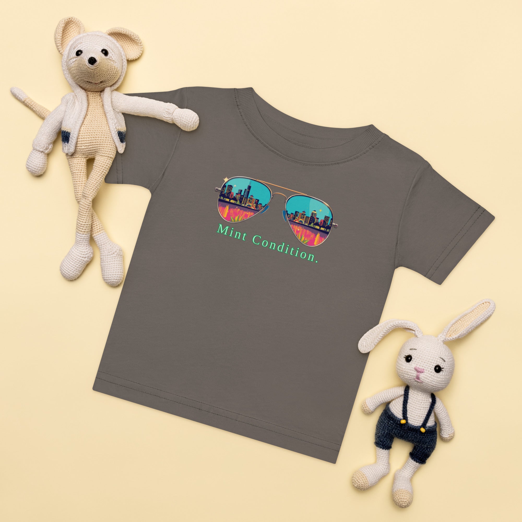 Little Bleats Baby Jersey T-Shirt in Charcoal — Mint Condition Sunglasses design, sizes 6M–24M