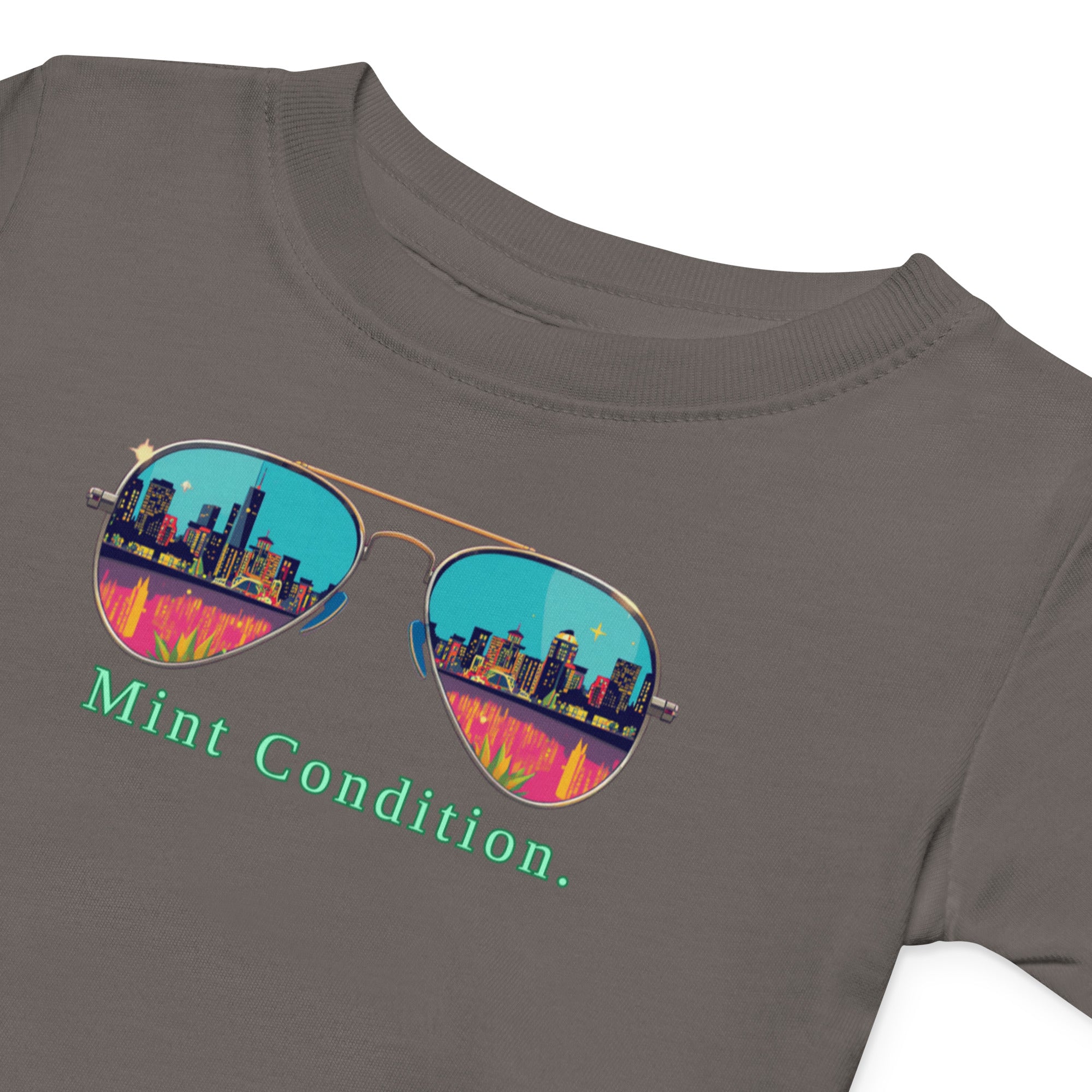 Little Bleats Baby Jersey T-Shirt in Charcoal — Mint Condition Sunglasses design, sizes 6M–24M
