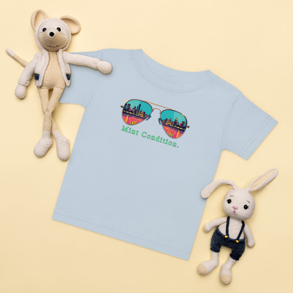 Little Bleats Baby Jersey T-Shirt in Light Blue — Mint Condition Sunglasses design, sizes 6M–24M