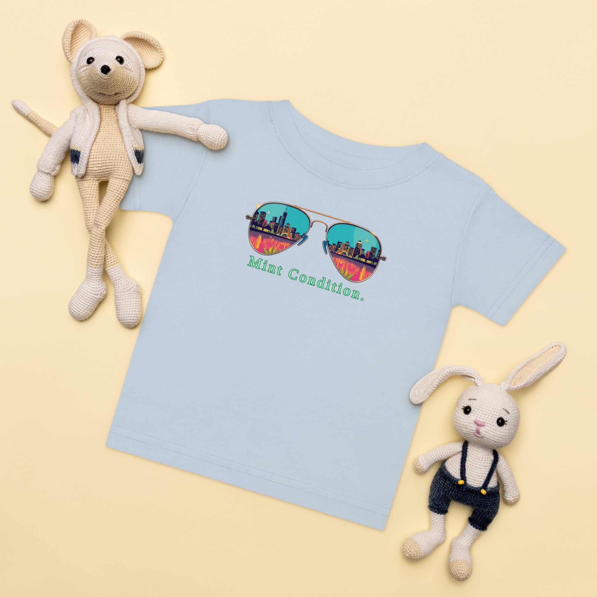 Little Bleats Baby Jersey T-Shirt in Light Blue — Mint Condition Sunglasses design, sizes 6M–24M