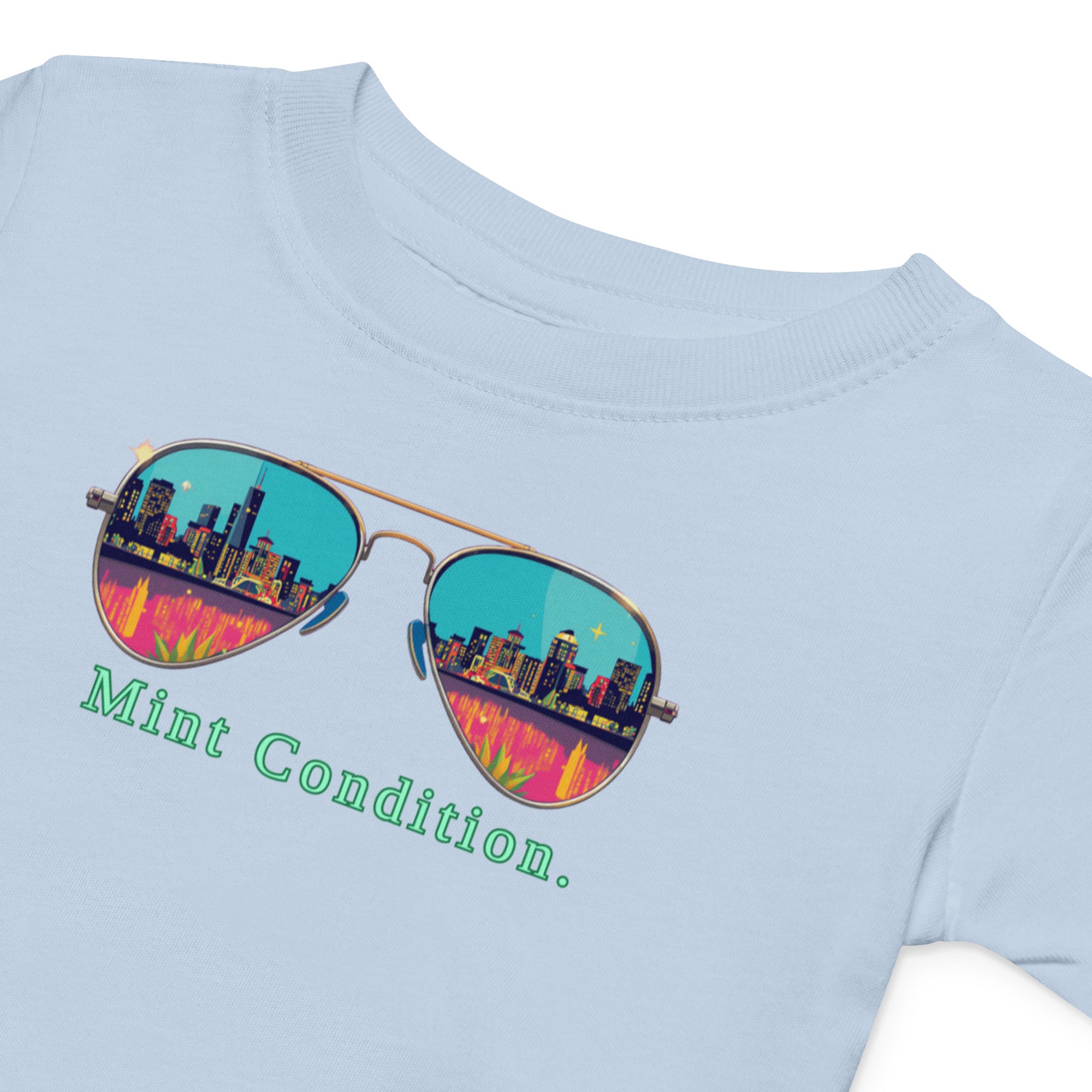Little Bleats Baby Jersey T-Shirt in Light Blue — Mint Condition Sunglasses design, sizes 6M–24M