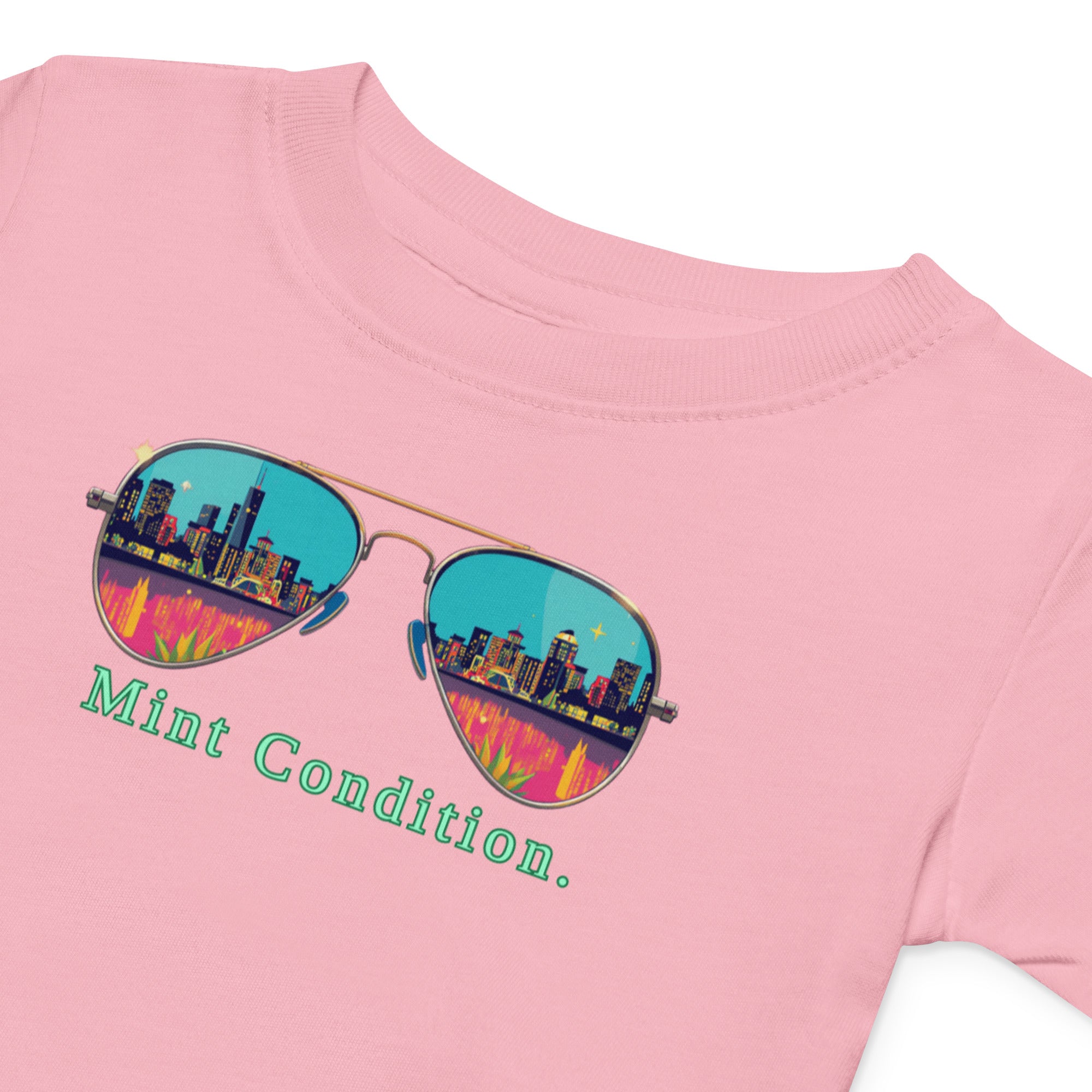 Little Bleats Baby Jersey T-Shirt in Pink — Mint Condition Sunglasses design, sizes 6M–24M