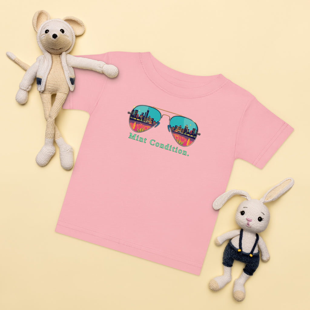 Little Bleats Baby Jersey T-Shirt in Pink — Mint Condition Sunglasses design, sizes 6M–24M