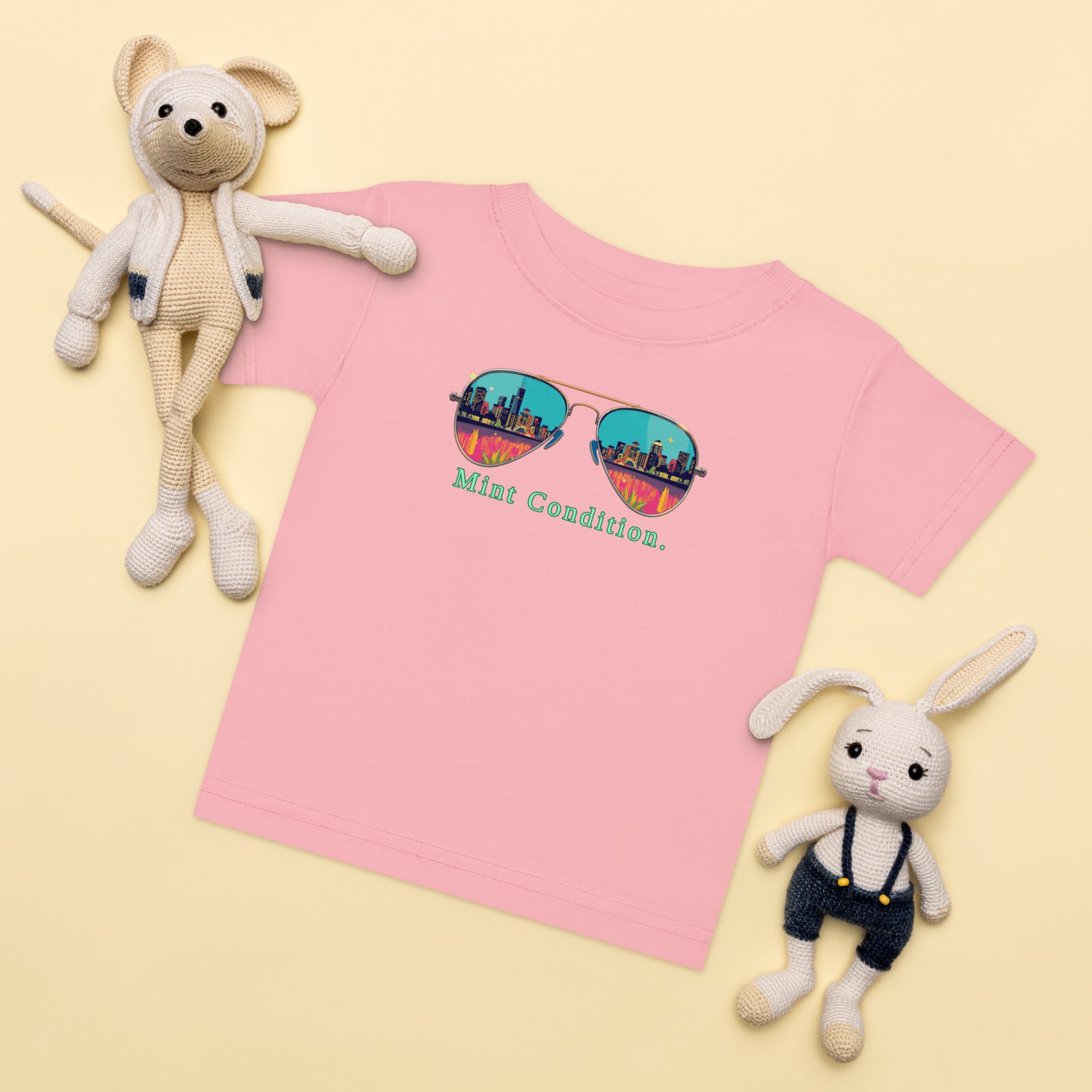 Little Bleats Baby Jersey T-Shirt in Pink — Mint Condition Sunglasses design, sizes 6M–24M