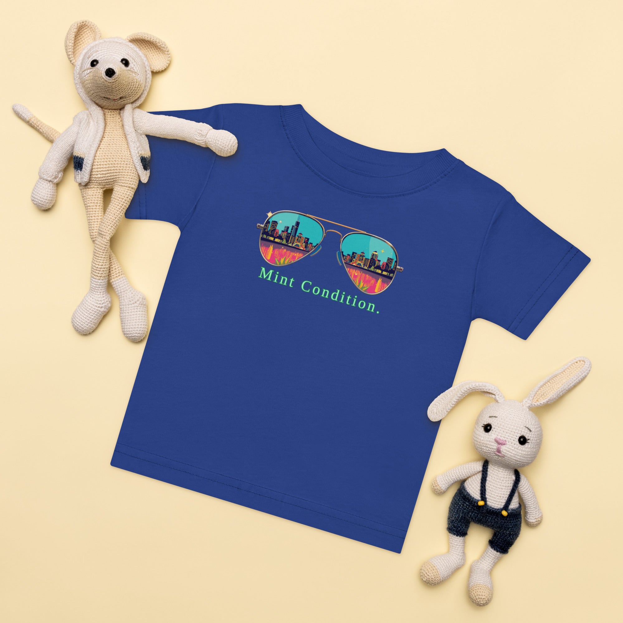 Little Bleats Baby Jersey T-Shirt in Royal Blue — Mint Condition Sunglasses design, sizes 6M–24M