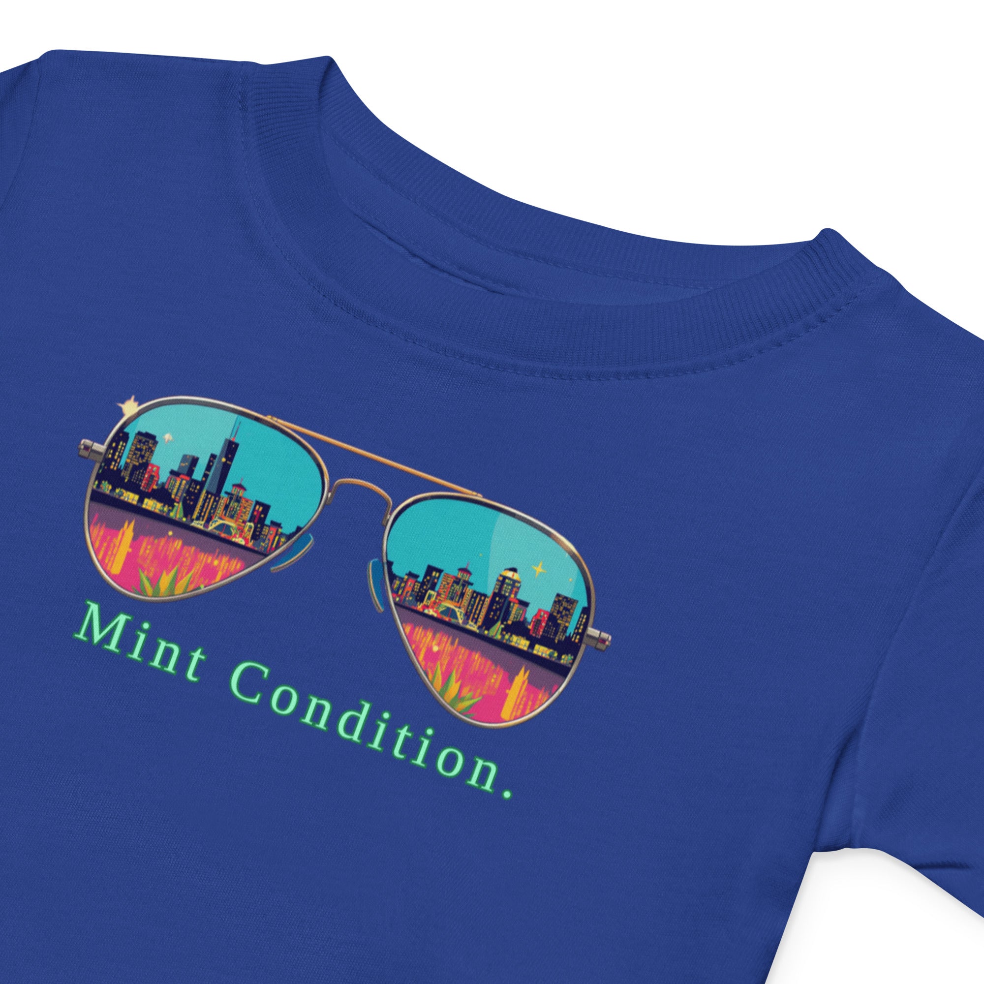 Little Bleats Baby Jersey T-Shirt in Royal Blue — Mint Condition Sunglasses design, sizes 6M–24M