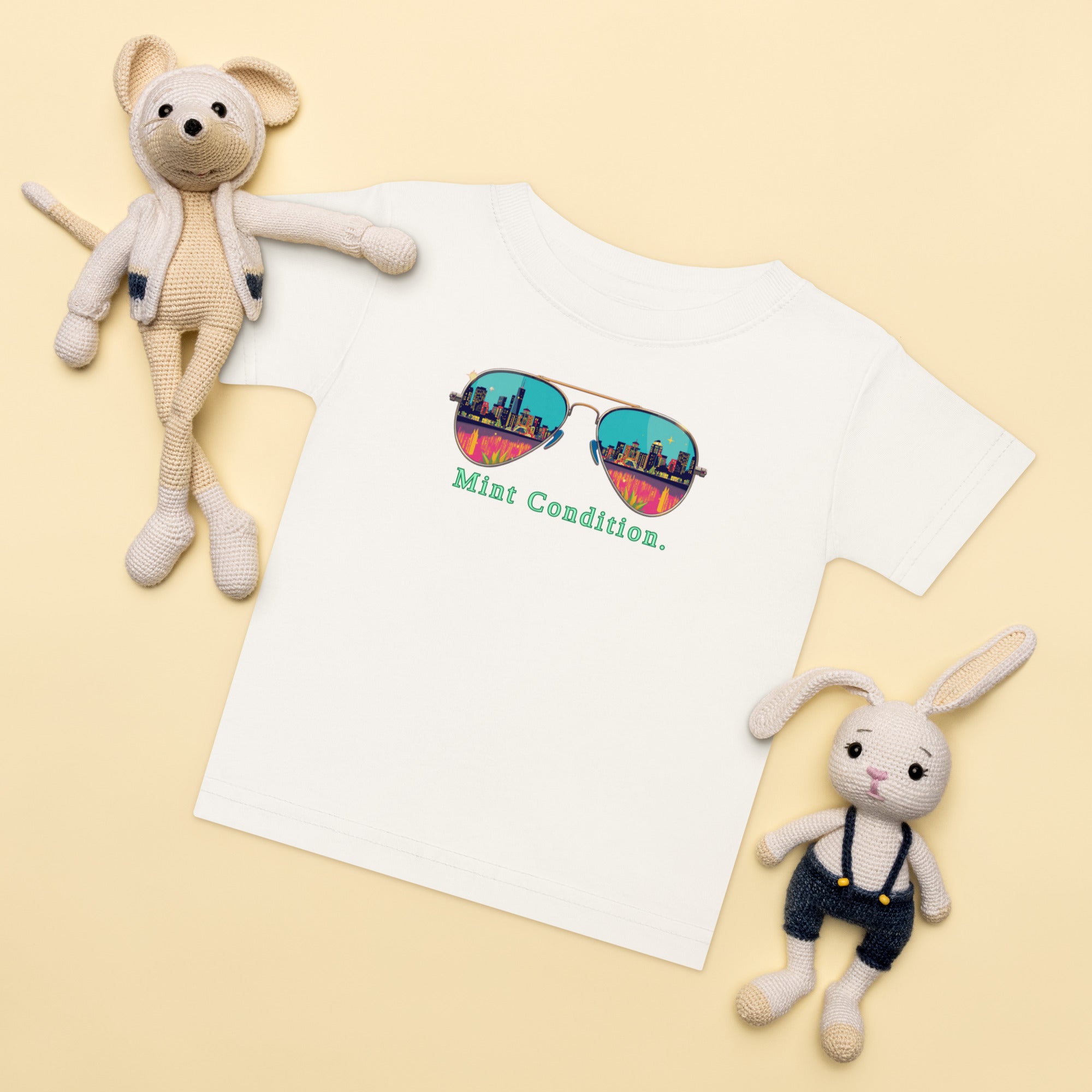 Little Bleats Baby Jersey T-Shirt in White — Mint Condition Sunglasses design, sizes 6M–24M