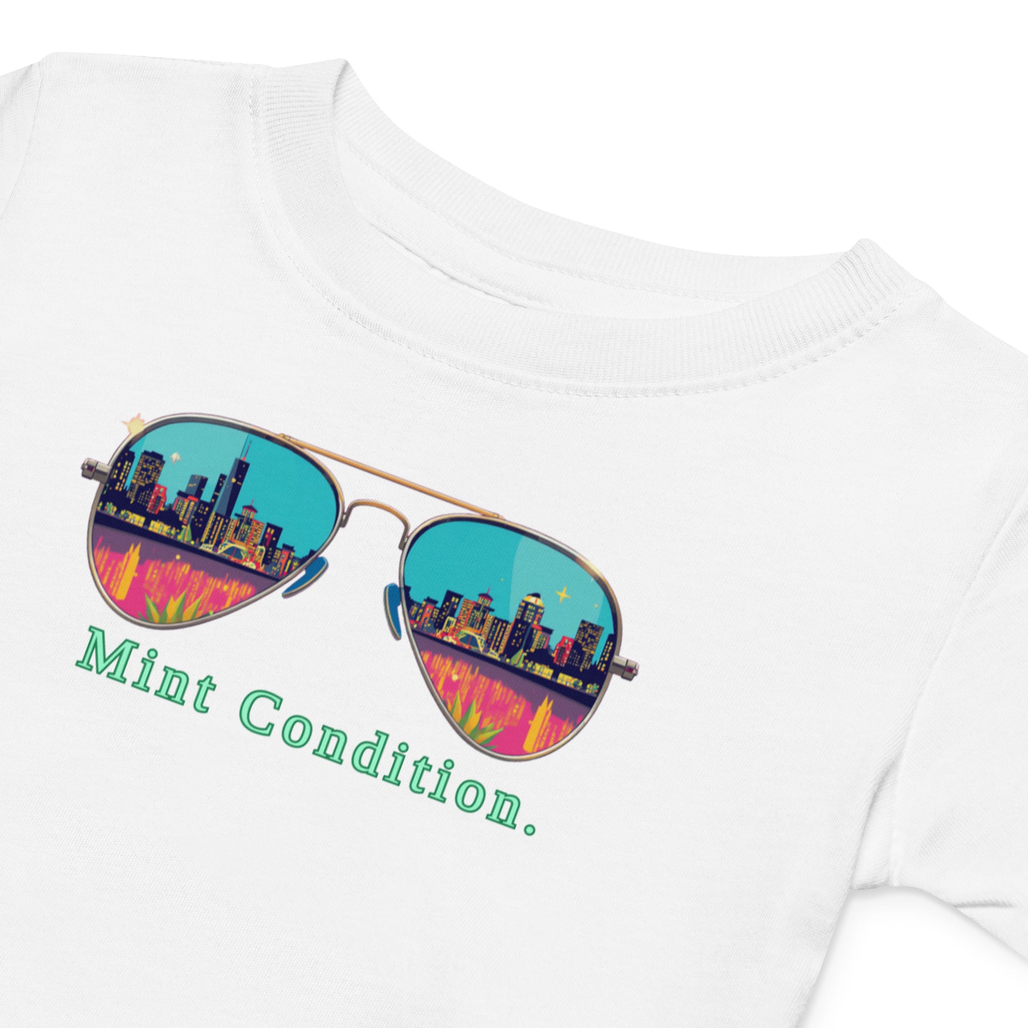 Little Bleats Baby Jersey T-Shirt in White — Mint Condition Sunglasses design, sizes 6M–24M