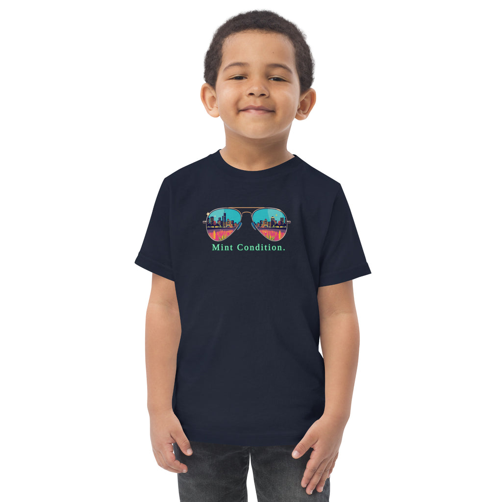 Little Bleats Toddler Jersey T-Shirt in Navy — Mint Condition Sunglasses design, sizes 2T–5/6T