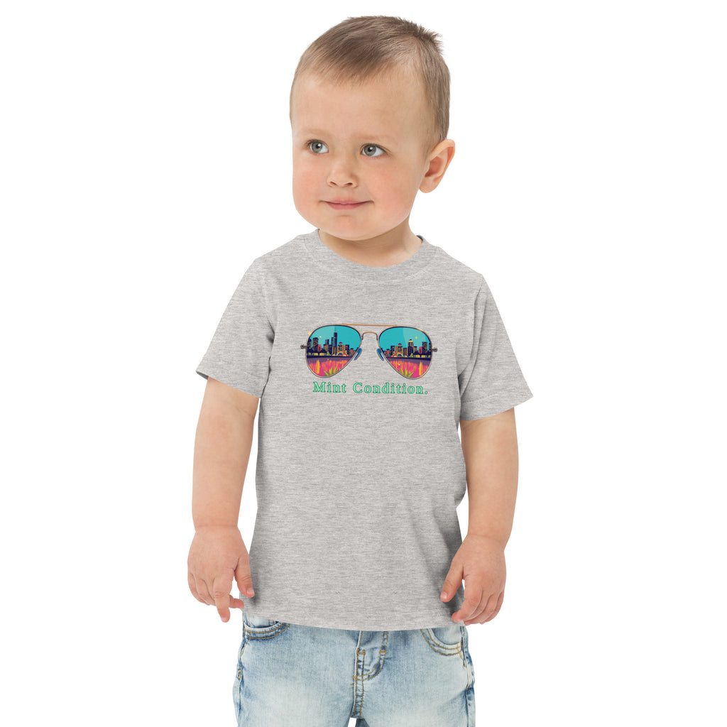 Little Bleats Toddler Jersey T-Shirt in Heather — Mint Condition Sunglasses design, sizes 2T–5/6T