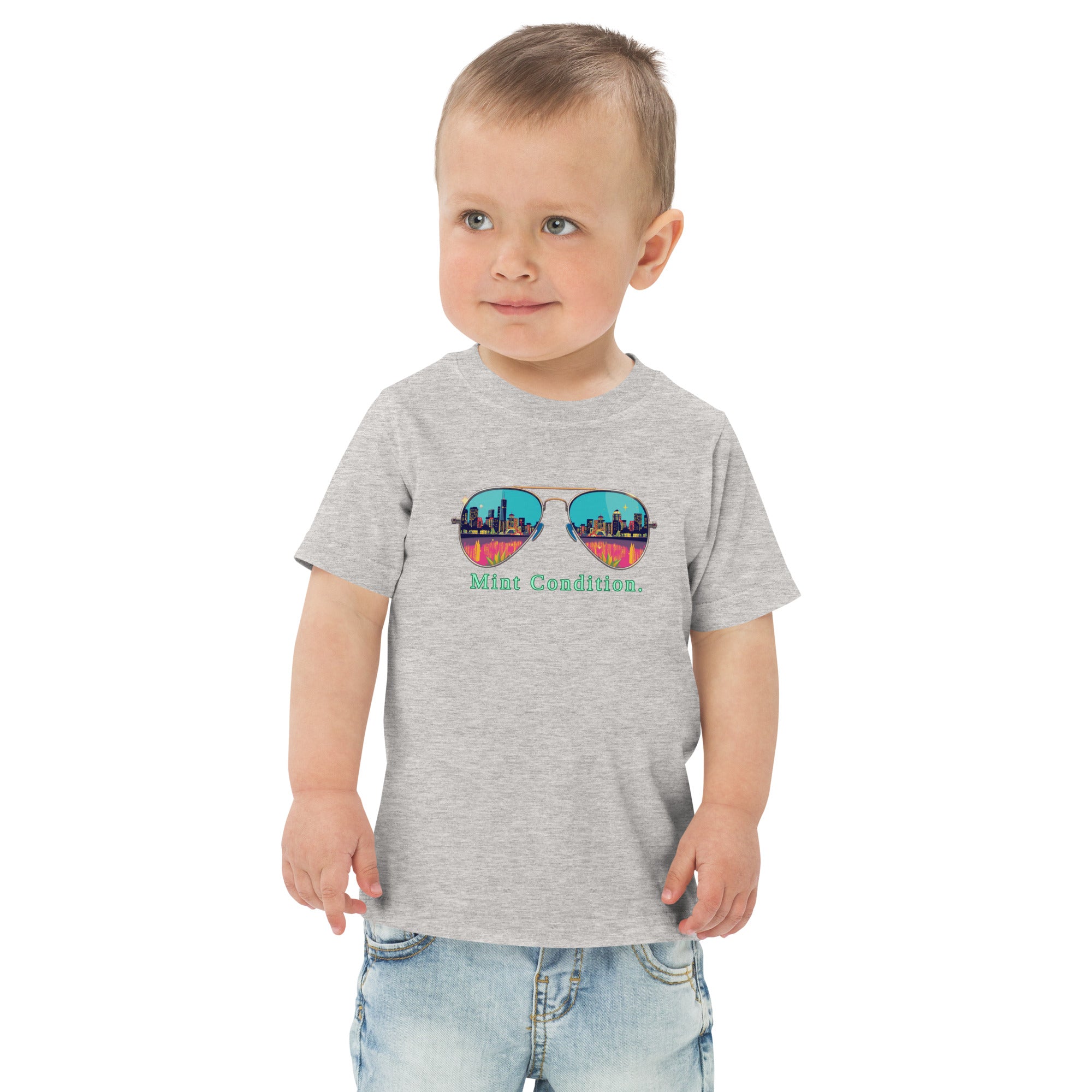 Little Bleats Toddler Jersey T-Shirt in Heather — Mint Condition Sunglasses design, sizes 2T–5/6T