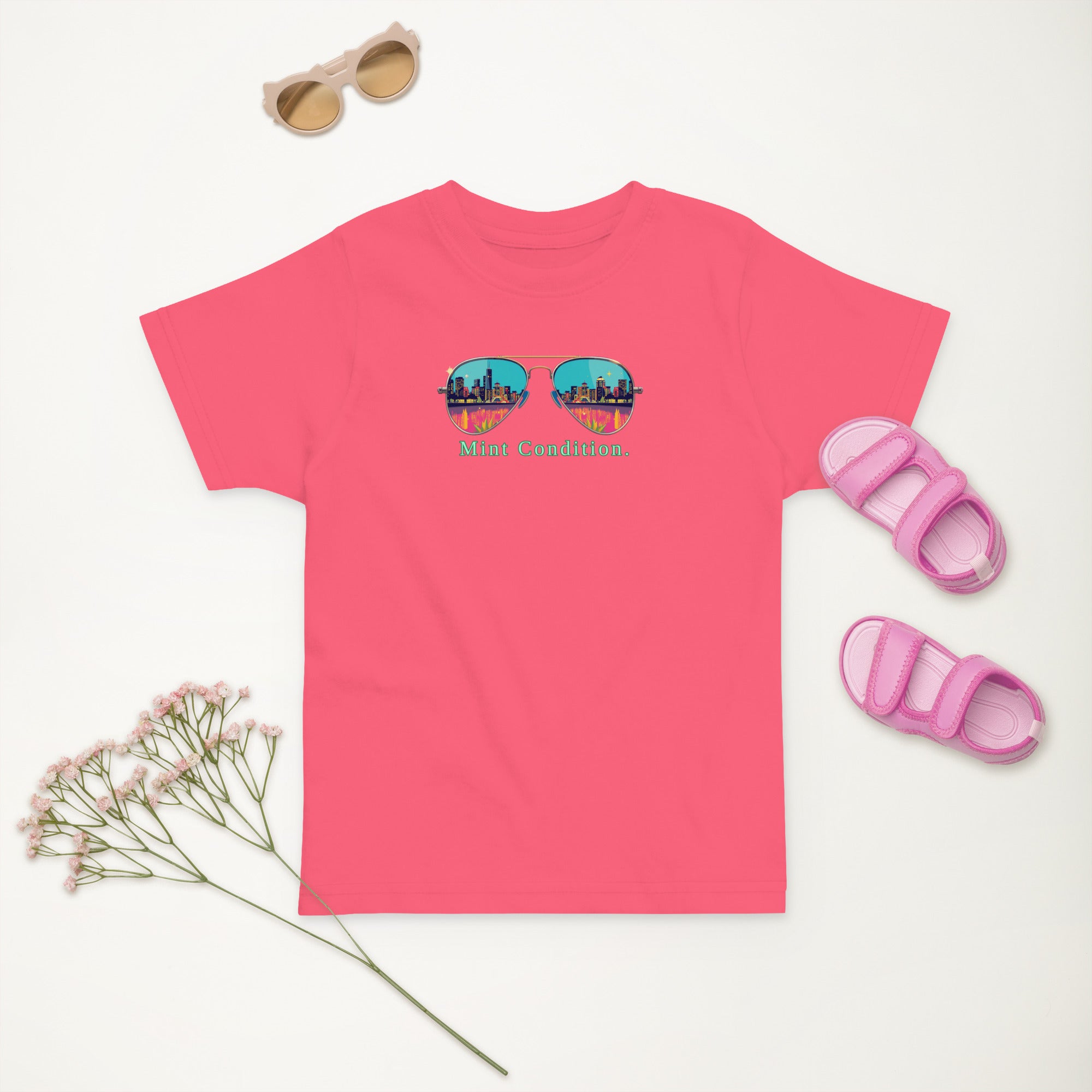 Little Bleats Toddler Jersey T-Shirt in Hot Pink — Mint Condition Sunglasses design, sizes 2T–5/6T