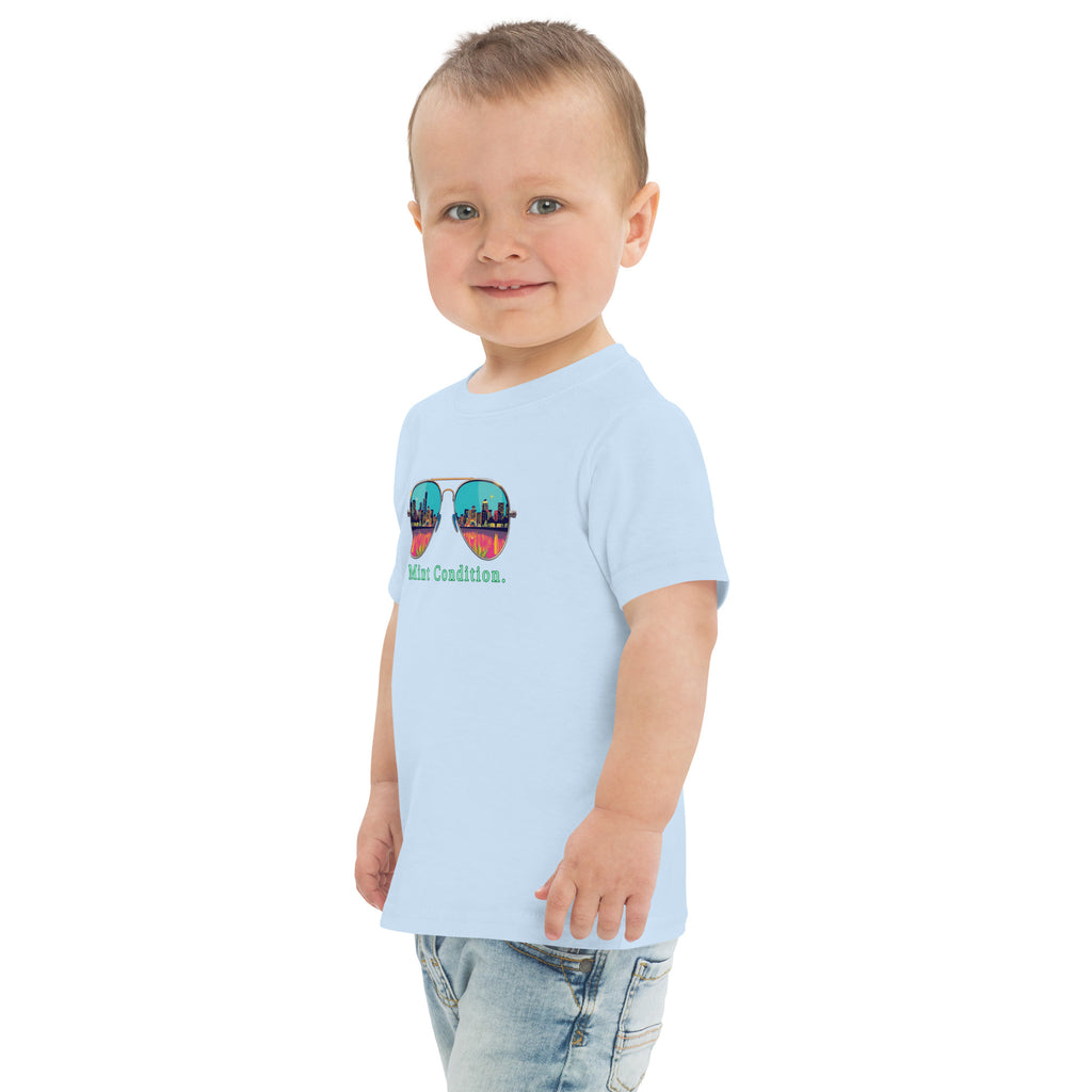 Little Bleats Toddler Jersey T-Shirt in Light Blue — Mint Condition Sunglasses design, sizes 2T–5/6T
