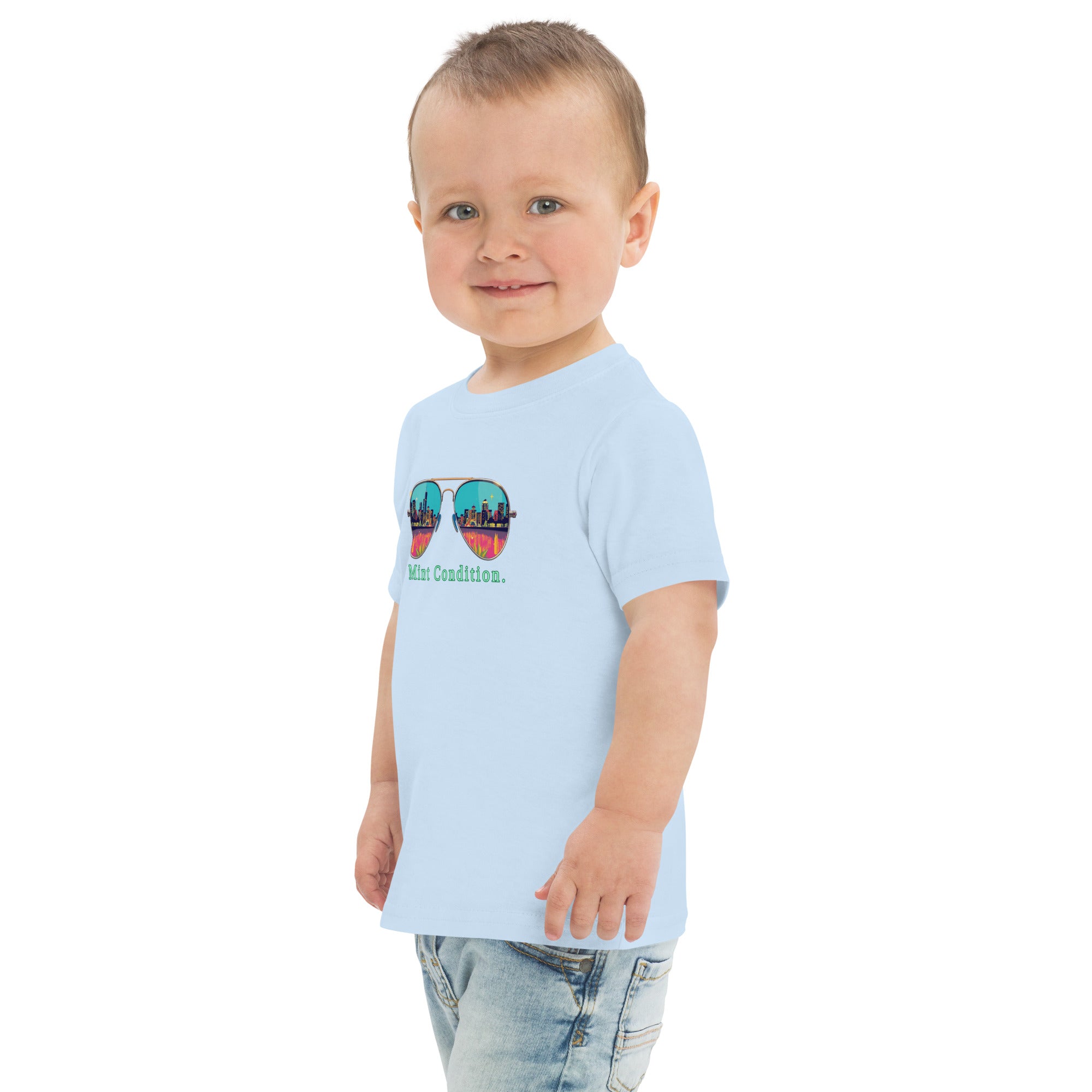 Little Bleats Toddler Jersey T-Shirt in Light Blue — Mint Condition Sunglasses design, sizes 2T–5/6T