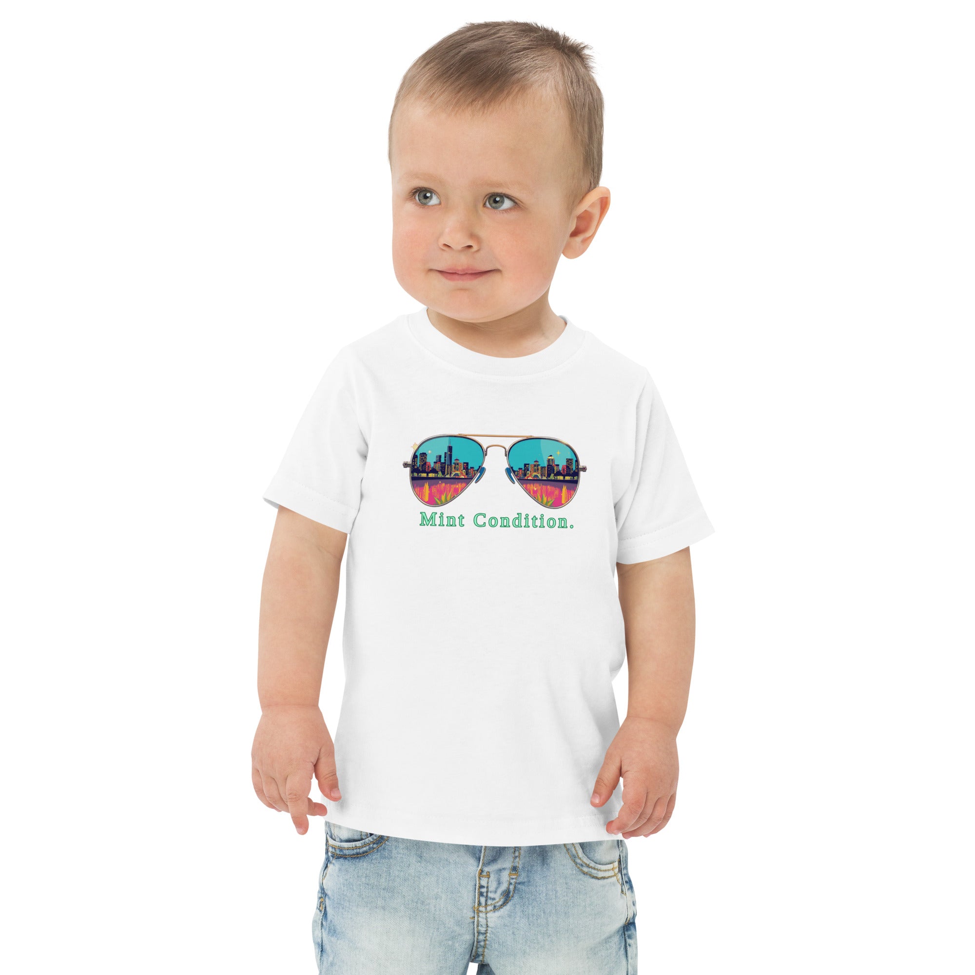 Little Bleats Toddler Jersey T-Shirt in White — Mint Condition Sunglasses design, sizes 2T–5/6T