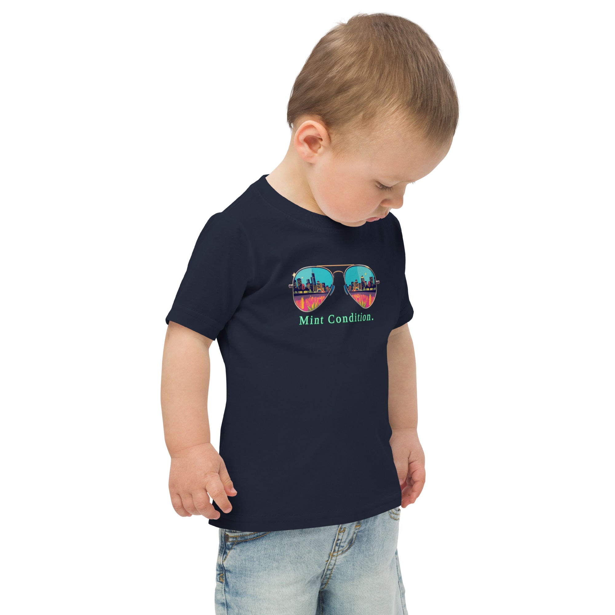 Little Bleats Toddler Jersey T-Shirt in Navy — Mint Condition Sunglasses design, sizes 2T–5/6T