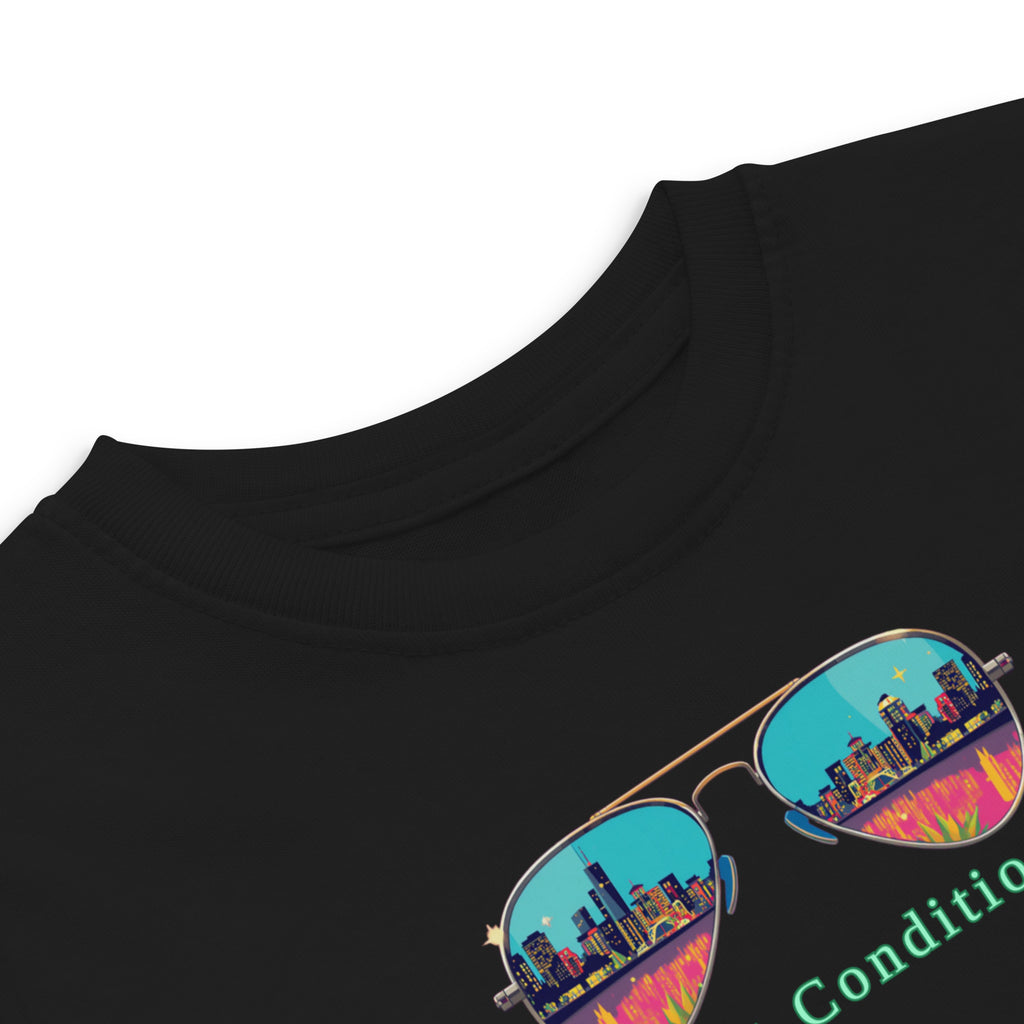 Little Bleats Toddler Jersey T-Shirt in Black — Mint Condition Sunglasses design, sizes 2T–5/6T