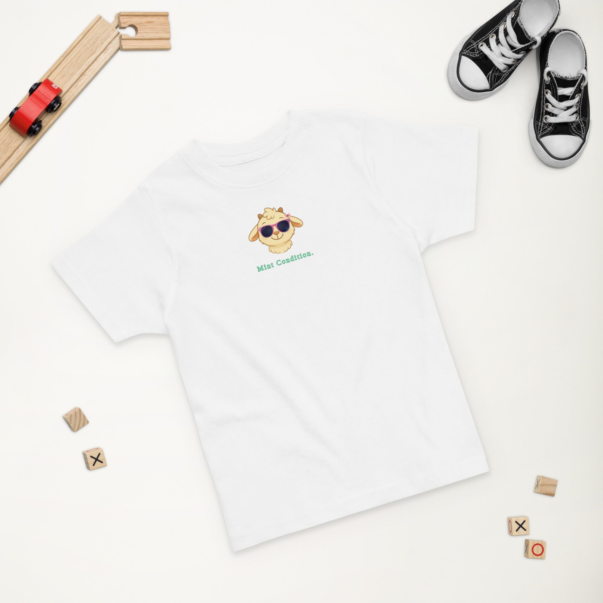 Little Bleats Signature "Minty" Toddler Tee in White — Pink Sunglasses Edition, sizes 2T–5/6T