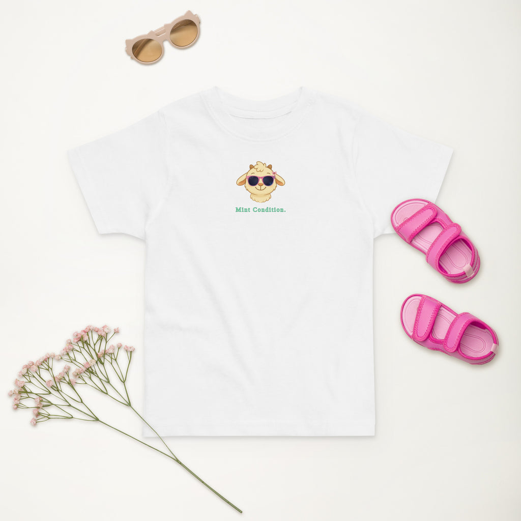 Little Bleats Signature "Minty" Toddler Tee in White — Pink Sunglasses Edition, sizes 2T–5/6T